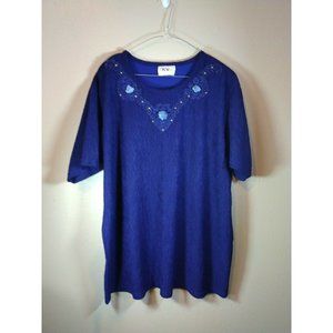 KV Easywear Women's Short Sleeve Blouse, Navy Flowers Size 2X Stretch Made USA